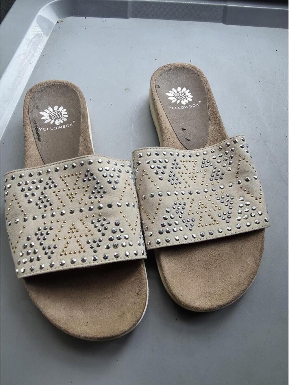Yellow Box Sandals Ivory Beige Slides Bling Sparkle Stud Embellishments Stellar